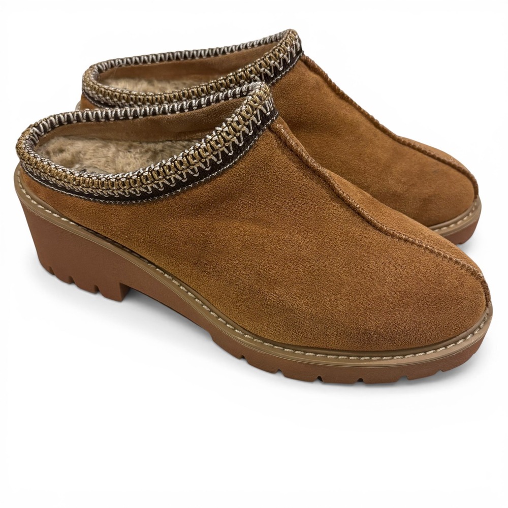 Anne Klein Daylin Tan Faux Suede‎ Clogs Faux Fur Lug Sole Mules Womens 8.5